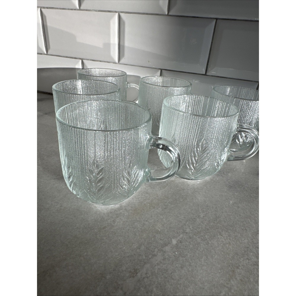Set Of 6‎ Vintage Frosted Arcoroc Country Wheat Glass Coffee Cup Mug GW995